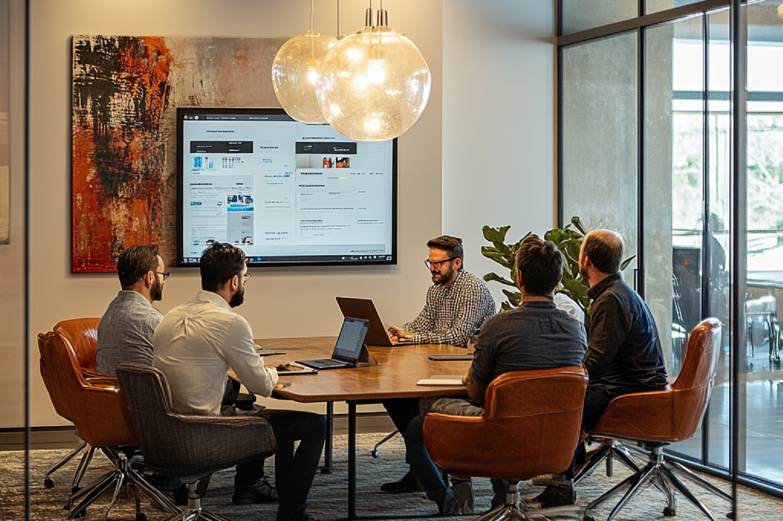 Five people sit around a wooden table in a glass-walled meeting room, looking at a website on a wall-mounted screen. A man with a laptop leads the discussion, with glass pendant lights above the table and a large abstract painting on the wall.