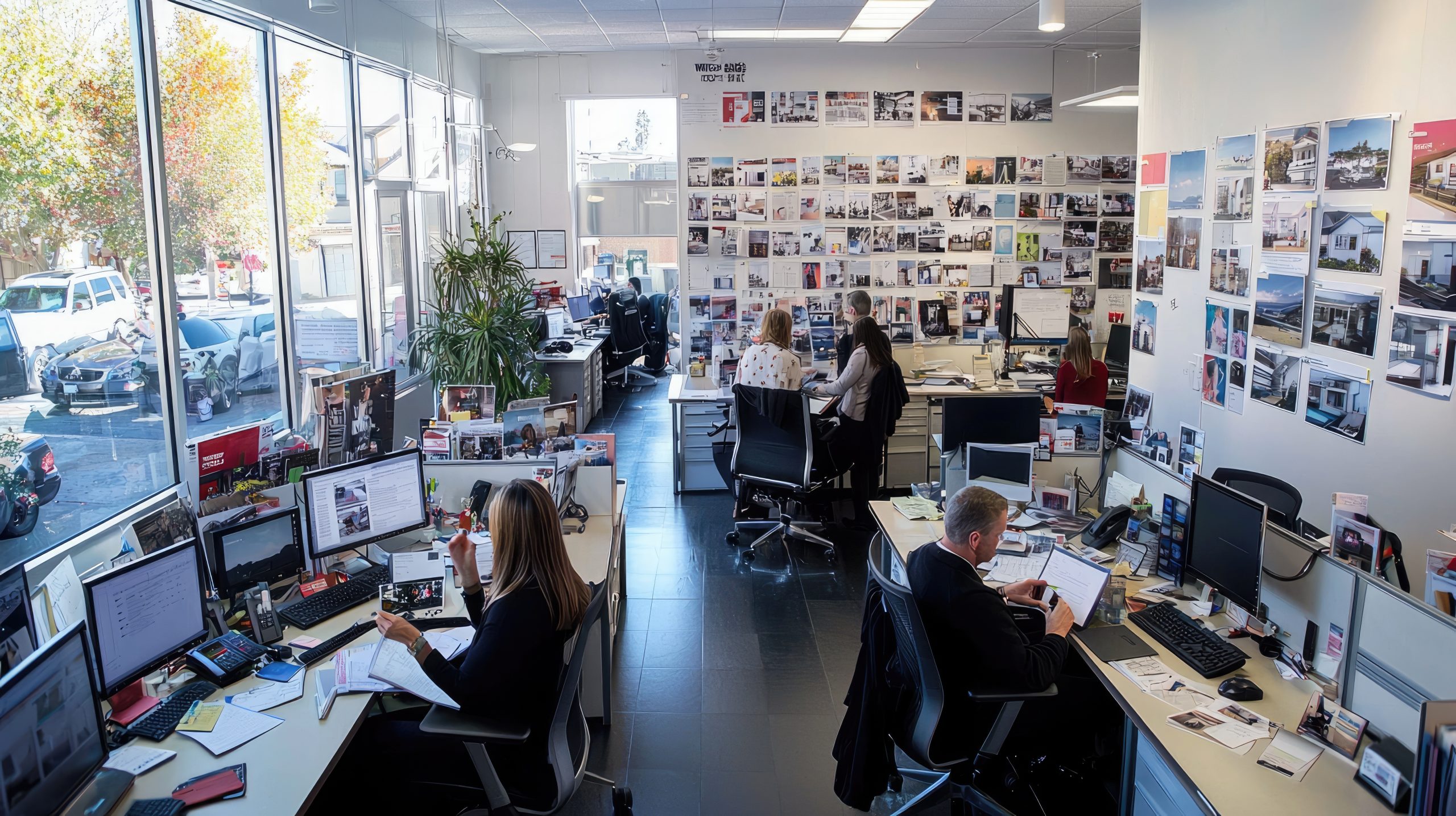 A busy open-plan office with people working at desks and monitors, walls covered floor to ceiling in pinned photos and printouts, and large windows looking out onto a sunny street.